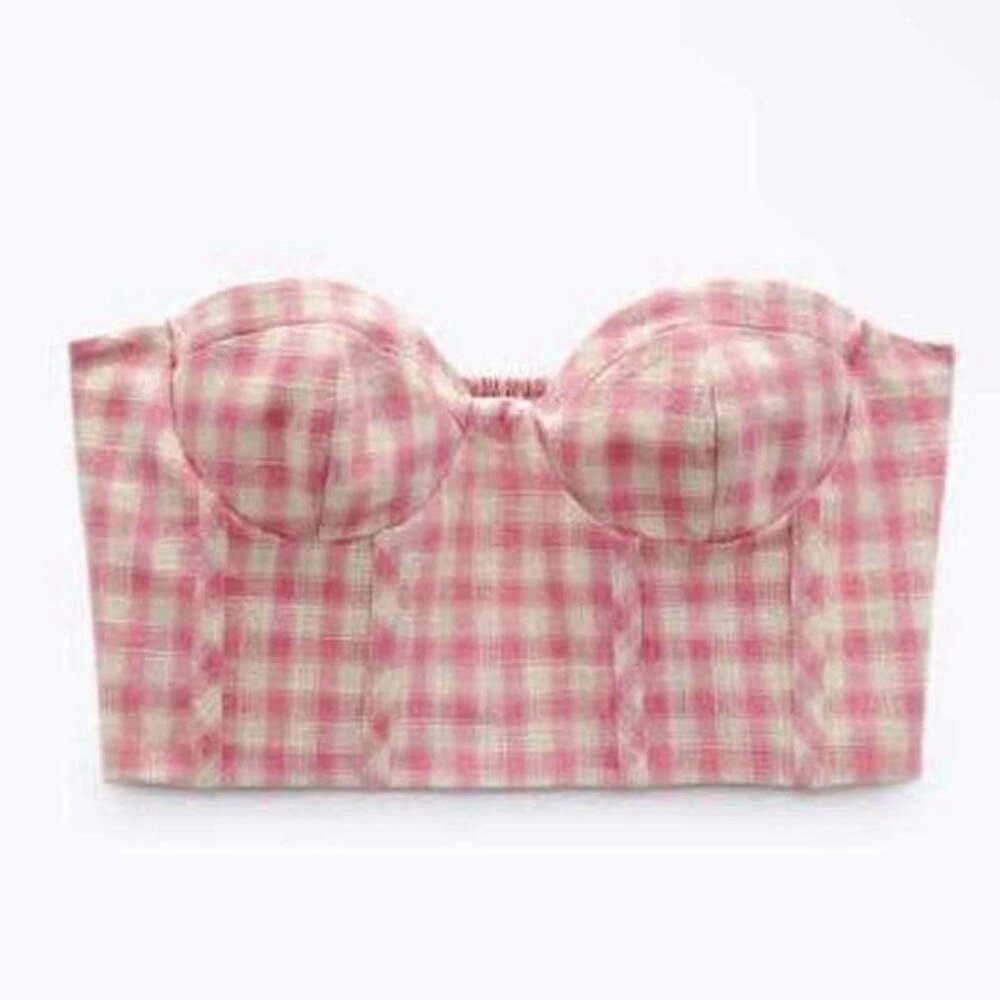 Zara Pink Gingham Check Corset Style Strapless Bustier Crop Top & Pants Set - Picture 3 of 5